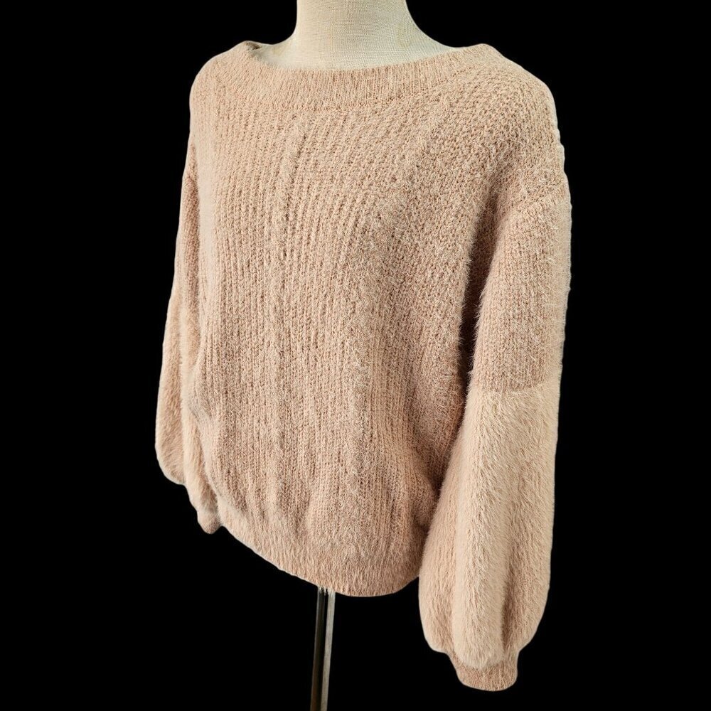 Aakaa Fuzzy Pink Sweater Womens S Boatneck Balloon Slv Acrylic Poly Knit NWT